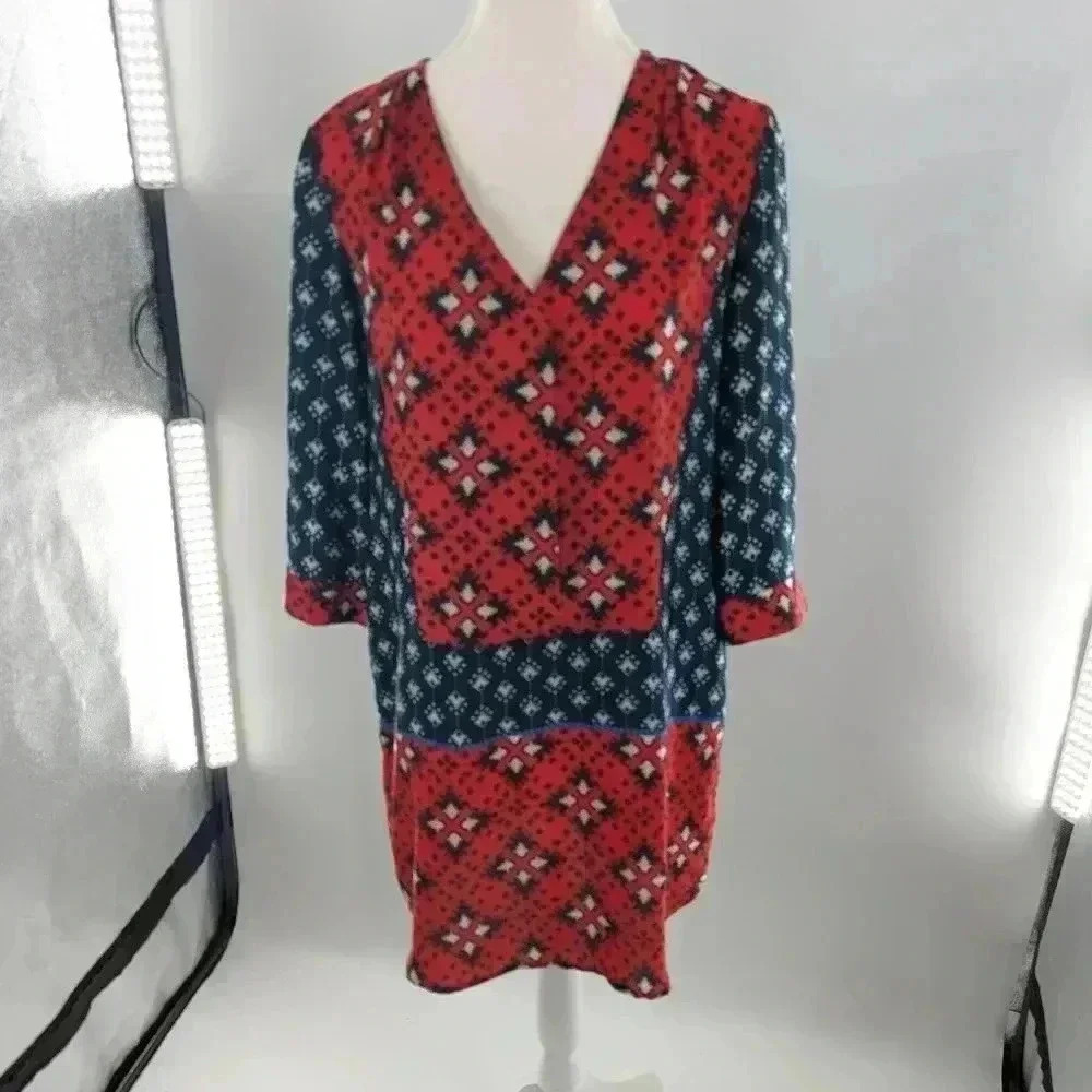 Collective Concepts Women Blue/ Red 3/4 Sleeves V Neck Casual Dress Size Small
